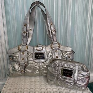 Guess Metallic Silver Shoulder Bag and Pouch Set